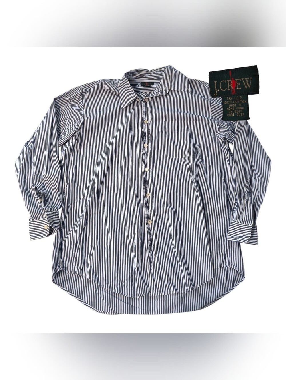 90s Vintage J.Crew Shirt 16-32 Button Up Long Sleeve Gray Navy Striped Cotton